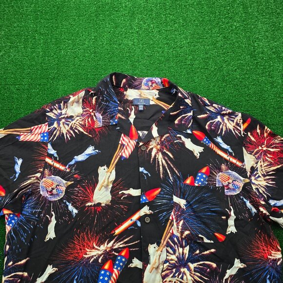 George Hawaiian Shirt Mens XL Black 4th Of July Firecrackers Party Button Up - Picture 2 of 8